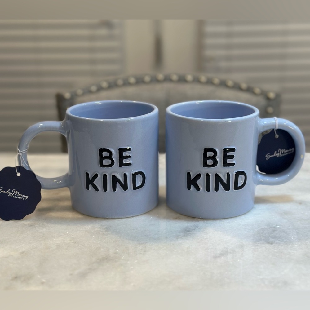 Sunday Morning “ Be Kind” Light Blue Stoneware Coffee Mug Set, 12oz